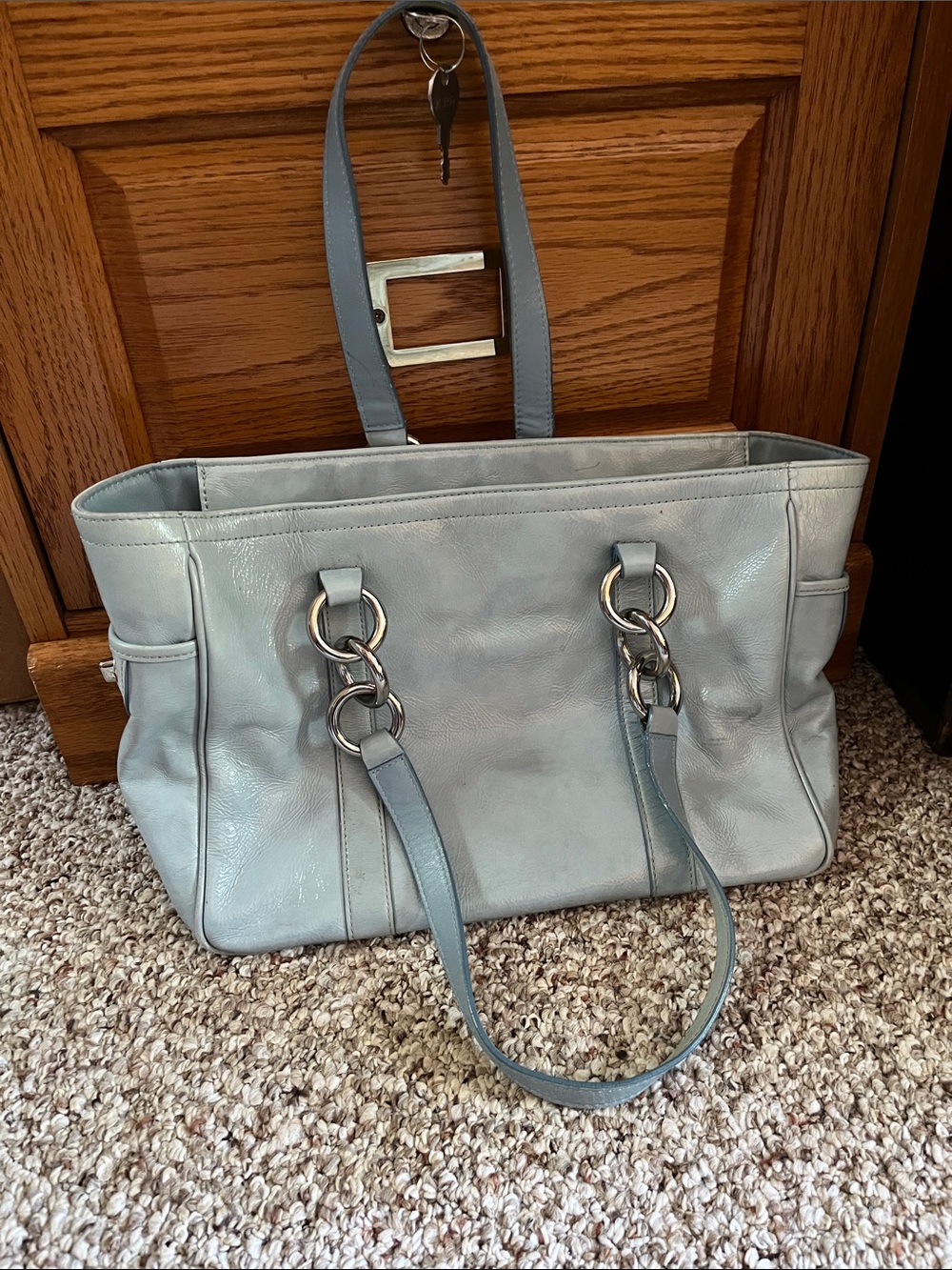 Light Blue Leather Tote Handbag with Silver Hardware